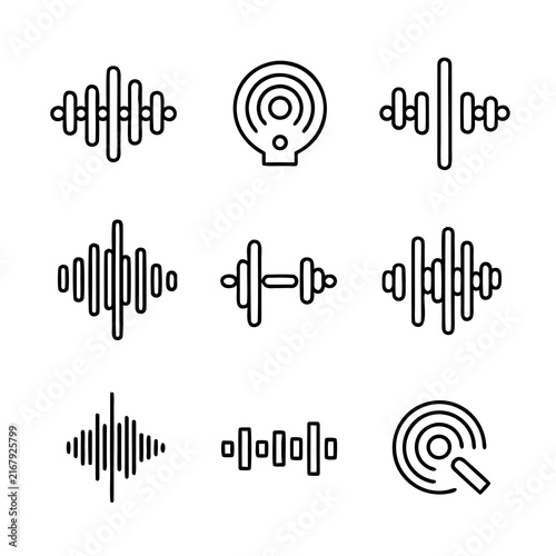 Set of black sound wave icons and audio frequency symbols on white background with audio waveform