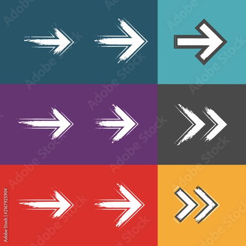 Set of grungy brush stroke arrow symbols pointing right on colored squares with brush arrows
