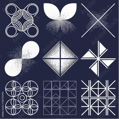 Set of abstract white minimalist graphic symbols and shapes on dark blue with white graphics
