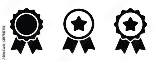 Foto Black award ribbon icon set with stars and circular badges, achievement medals,