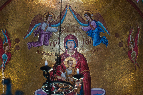 Photography Colorful Byzantine mosaics and frescoes inside a Greek Orthodox church