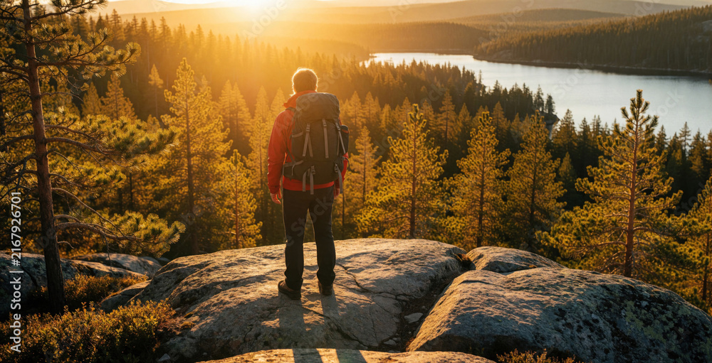 Naklejka premium Man with backpack stands on rocky cliff edge looking at sunlit forest and lake. Lone hiker enjoys expansive wilderness view at golden hour sunset light.