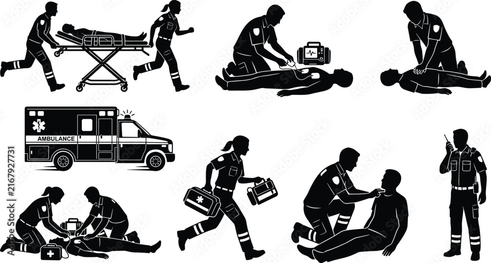 Obraz premium Black Silhouette Emergency Medical Responder Icons for CPR, Defibrillation, Patient Transport and Ambulance Care