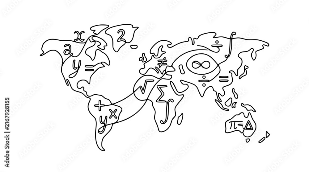 Fototapeta premium World Map with Mathematical Formulas and Symbols, Education Concept, Isolated