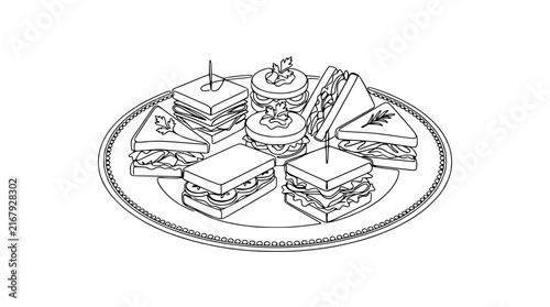 Assorted Finger Sandwiches and Canapés on Decorative Plate, Isolated