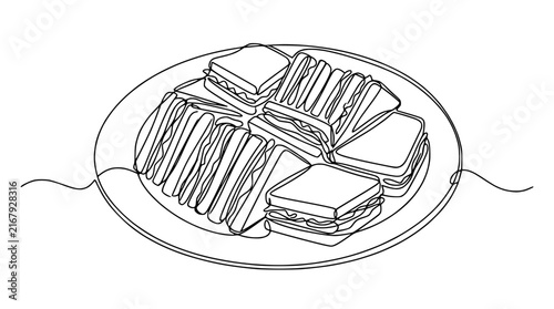 Continuous Line Drawing of Stacked Sandwiches on Plate, Minimalist Food Art