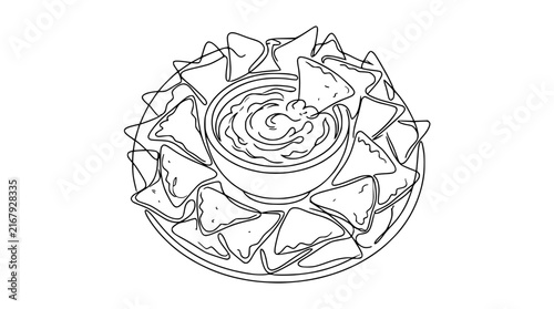 Isolated Outline Drawing of Tortilla Chips and Dip on Transparent Background