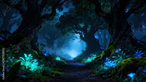 Enchanted Forest Path With Glowing Plants and Mystical Trees at Night

