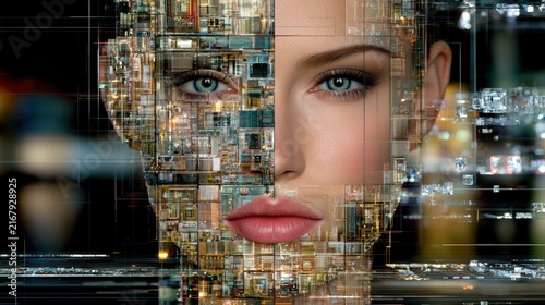 Abstract human face silhouette woven from glowing quantum processor circuits and crystalline lattices with pitch black background on left.