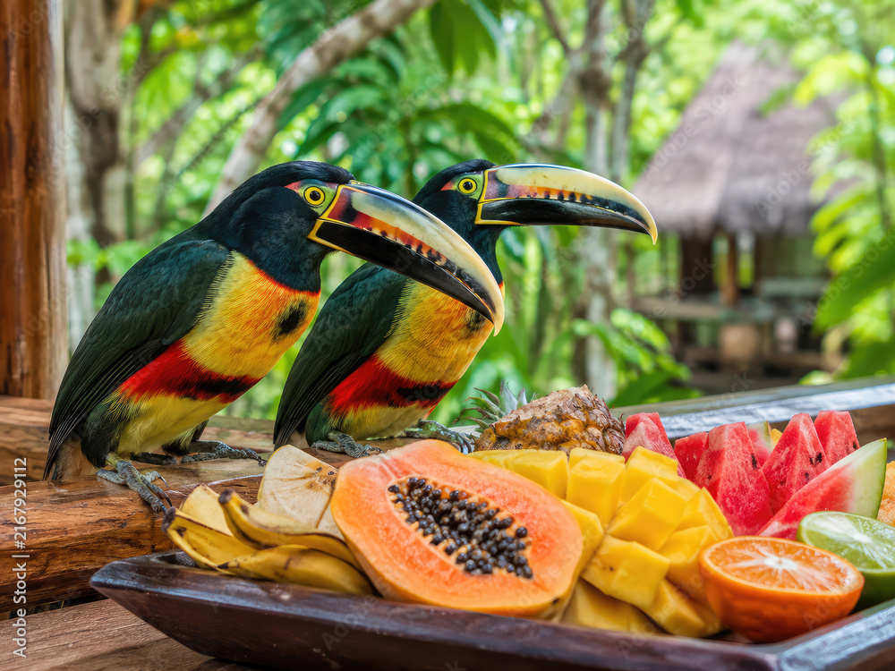 Naklejka premium Toucans with Tropical Fruit in Rainforest Wildlife Setting