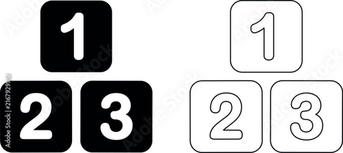 Professional vector icons of numbered squares one two three in solid and outline styles representing ranking and achievement.