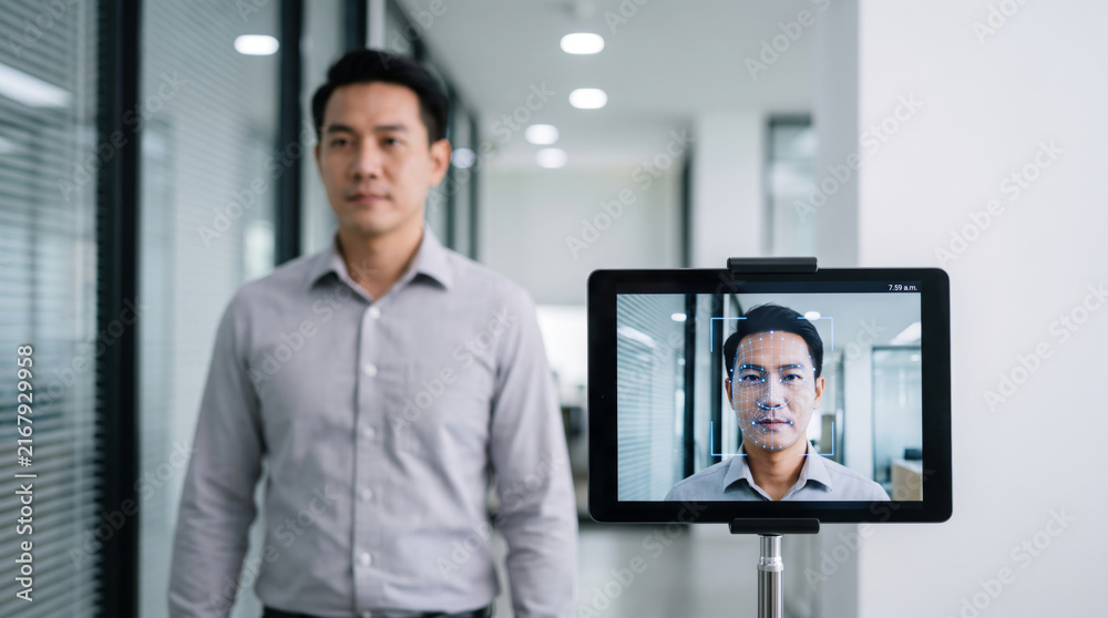 Fototapeta premium Biometric face scanner identity security office access technology. Futuristic digital facial recognition system. identification verification id access, security protection