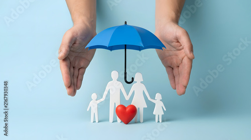 Two hands hold a blue umbrella over a white paper cutout family with a red heart on a light blue background, symbolizing protection and care featuring safety, security, love and paper cutouts