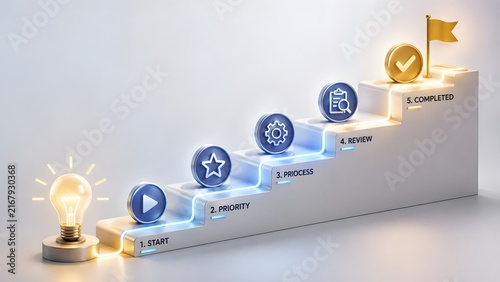 Ascending Workflow Steps From Creative Idea Lightbulb To Goal Completion Flag