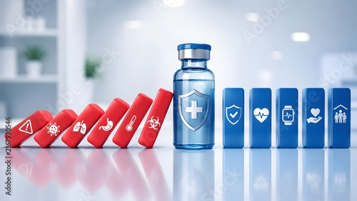 Vaccine Bottle Barrier Halting Illness Dominoes In Modern Clinic Room