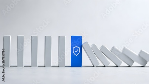 Blue Security Shield Block Halting Domino Collapse In Risk Prevention