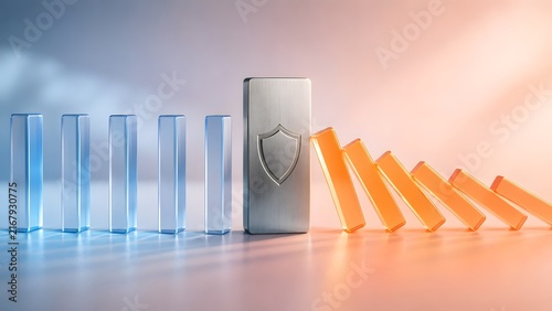 Metal Shield Barrier Halting Orange Falling Dominoes To Protect Blue Glass Blocks
