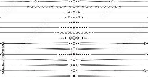 Aesthetic black geometric line dividers vector set for stylish page decoration, text separation, headings, and frame design in various print and digital media.
