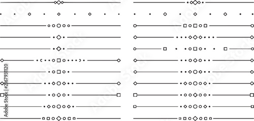 Decorative black line dividers with geometric shapes and patterns, perfect for graphic design and page layout.