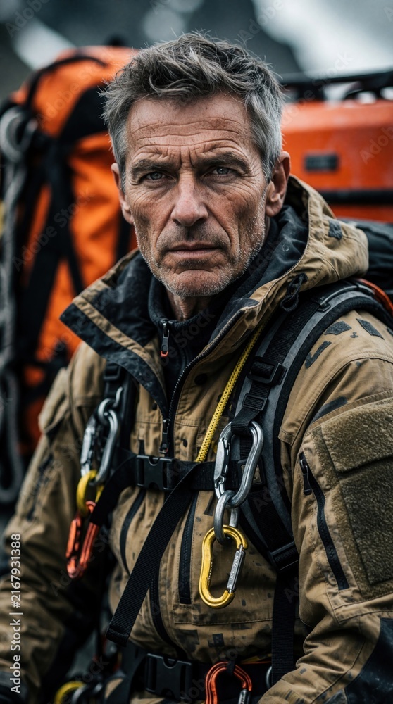 Fototapeta premium Experienced mountain rescuer in full gear, weathered face, serious gaze. He prepares for expedition, carries large orange backpack. Rugged adventure awaits him.