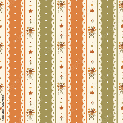 Rustic Autumn Pumpkin Floral Vertical Stripe Seamless Pattern. Rustic seamless autumn pattern featuring pumpkin floral motifs, maple leaves, botanical details, tiny dots, and scalloped lace accents ar