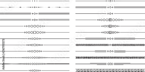 Set of minimalist geometric line dividers with black circles and diamonds on transparent background for elegant document formatting and professional publication layout.