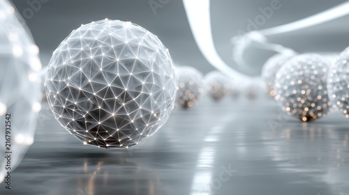 Abstract 3D glowing digital sphere network with polygonal wireframe nodes for AI deep learning technology background