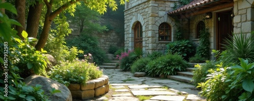 Rustic stone riser, vibrant green plants surround, photography, green