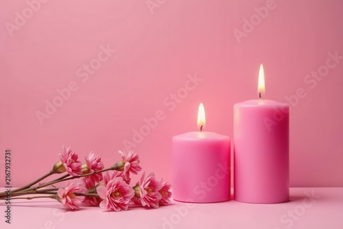 Three pink candles on pink table with dried pink flowers Simple scene , calm, pink