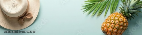Tropical summer flat lay Pastel gray background, palm leaves, hat, coconut, pineapple , photography, nature
