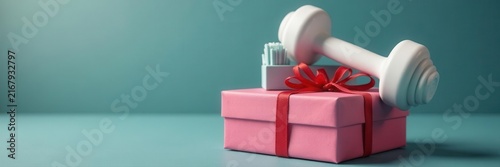 White dumbbell atop gift box, Black Friday fitness sale , flat lay, discount