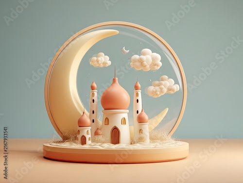 Miniature Mosque Model With Crescent Moon Decoration.