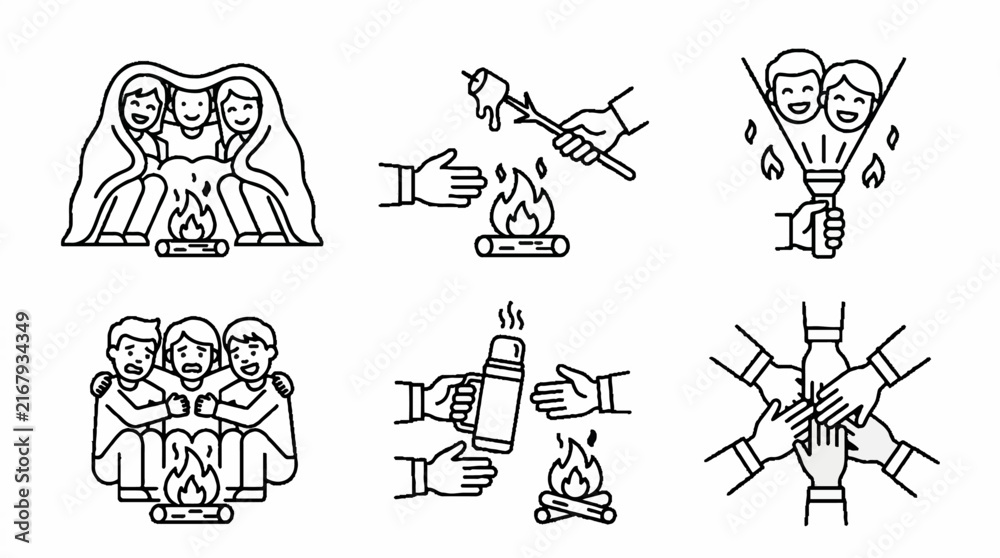 Fototapeta premium A collection of line art icons depicting people enjoying various camping and outdoor activities around a campfire.