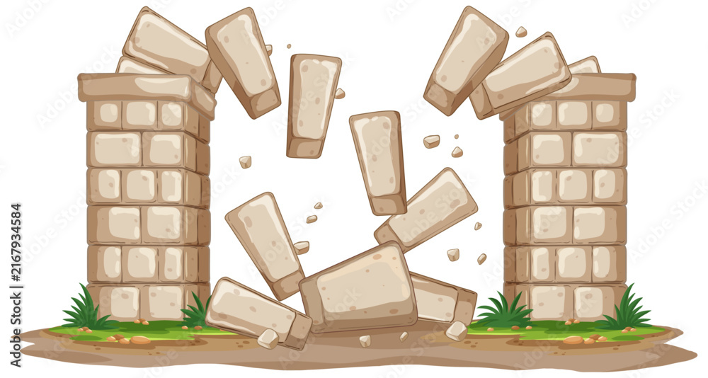 Naklejka premium Vector Illustration of a Crumbling Stone Archway and Falling Bricks