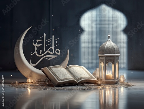 Open Quran with Crescent Moon and Lantern During Ramadan.