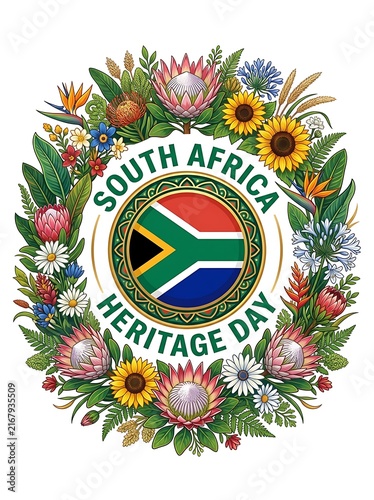 South africa heritage day celebration design with national flag emblem surrounded by a vibrant wreath of indigenous protea flowers and native botanical elements