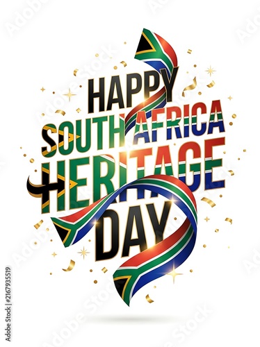 Happy south africa heritage day celebration typography design with national flag ribbon and gold confetti isolated on white background