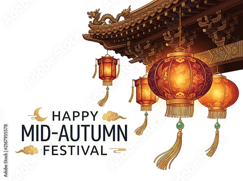 Happy midautumn festival greeting card with traditional chinese architecture roof, hanging lanterns, golden dragon, phoenix, and clouds isolated on white background