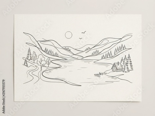 Monochrome ink sketch of a serene lake surrounded by rolling hills and pine trees with mountains
