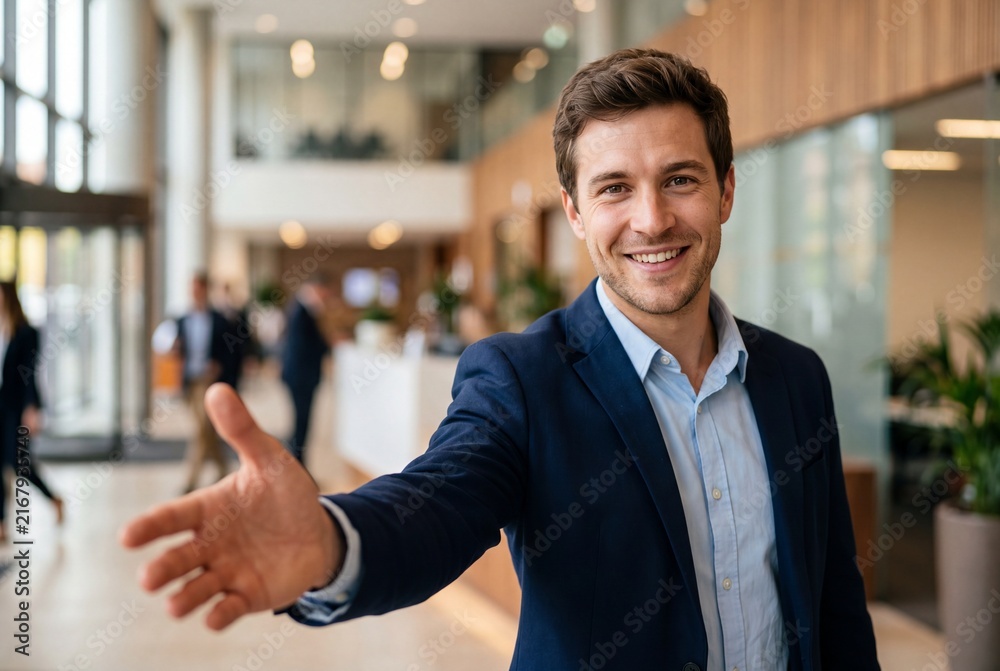 Fototapeta premium Professional Businessman Extending Hand for Welcome Handshake in Modern Corporate Office