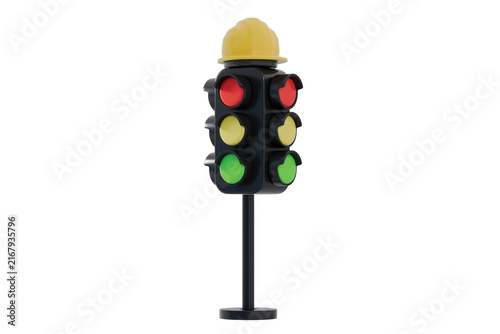 3d traffic light safety icon. road construction concept. minimal cartoon traffic signal and hard hat for traffic control. isolated on white transparent background. 3d render.