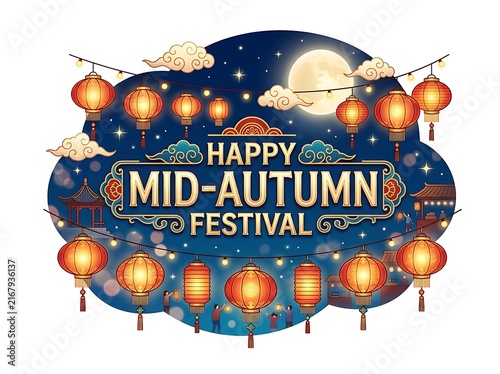 Happy midautumn festival greeting card design with glowing traditional chinese lanterns, full moon, decorative clouds, and silhouettes of people celebrating