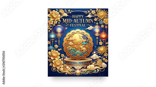 Happy midautumn festival greeting card with a golden mooncake on a decorative pedestal, surrounded by traditional lanterns, flowers, and clouds on a blue background