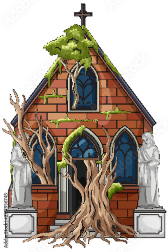 Abandoned Brick Chapel Overgrown With Trees And Moss