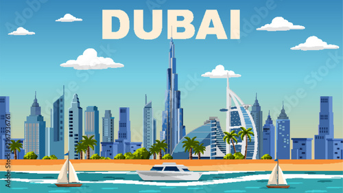 Dubai City Skyline Vector Illustration with Skyscrapers Beach and Coastal Boats