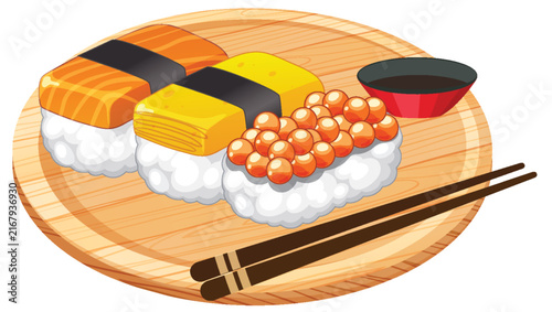 Assorted Sushi Nigiri on Wooden Plate with Chopsticks