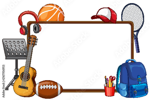 Blank Whiteboard Frame Surrounded by School Supplies and Sports Equipment