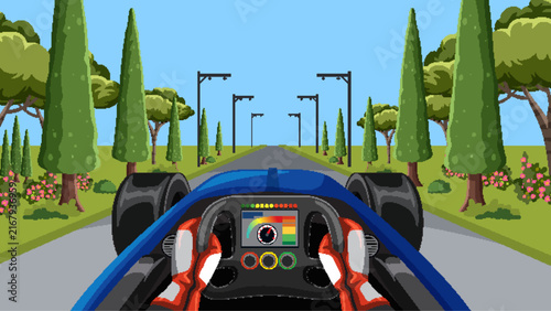 First Person View Vector Illustration of Racing Car Cockpit Driving