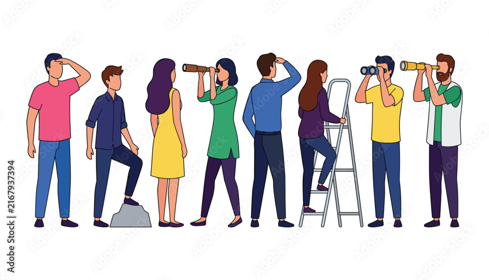 Obraz premium Business Vision and Future Planning Vector Character Set Featuring Diverse People Looking Ahead with Binoculars Spyglasses Ladders and Lookout Positions