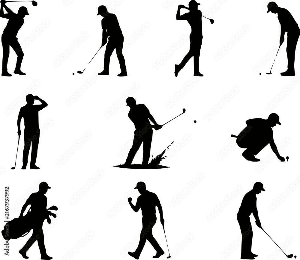 Naklejka premium Golfer silhouette vector icon set isolated on transparent background